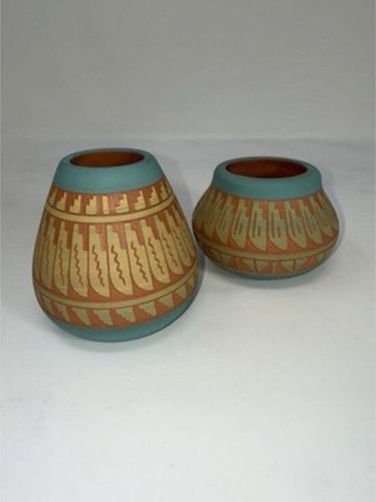 The Unbranded Brand Other - 2 Navajo Indian Hand Etched & Painted Clay Pottery Vases by artist A Smith